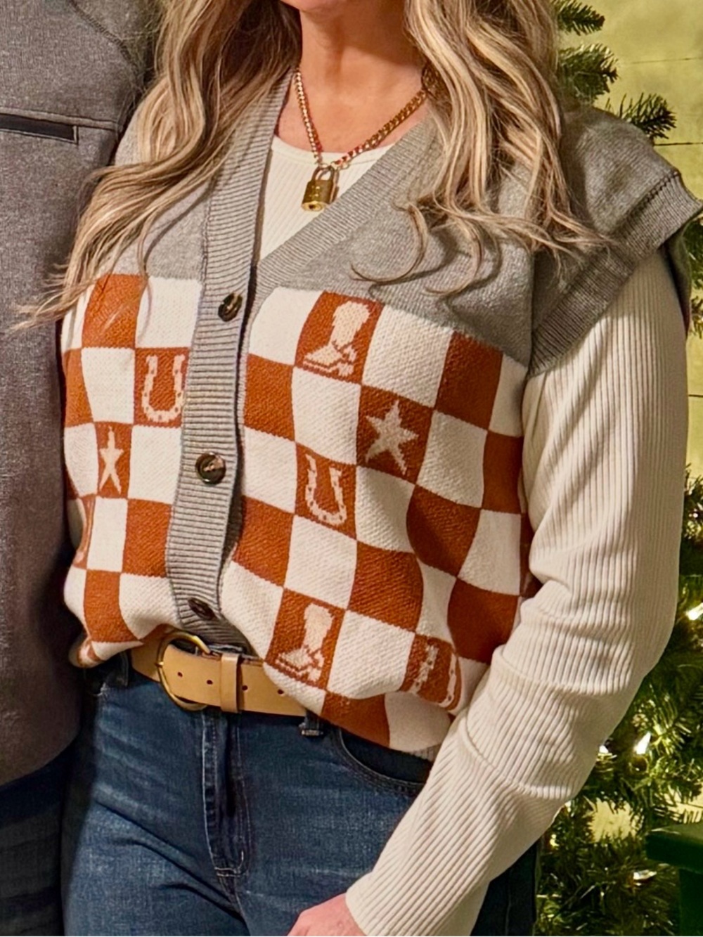 Western Knit Button-Front Vest in Gray & Rust